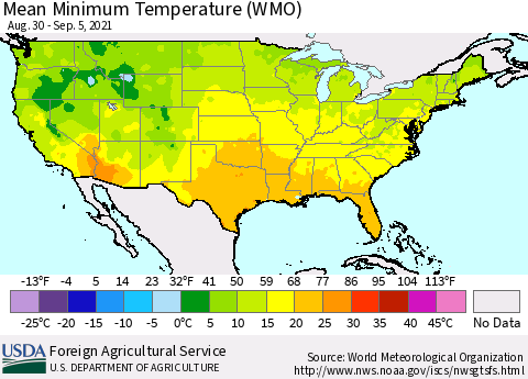 United States Minimum Temperature (WMO) Thematic Map For 8/30/2021 - 9/5/2021