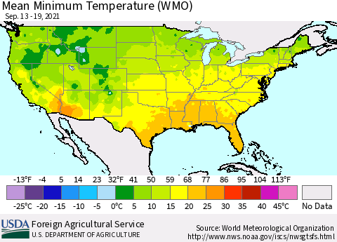 United States Minimum Temperature (WMO) Thematic Map For 9/13/2021 - 9/19/2021
