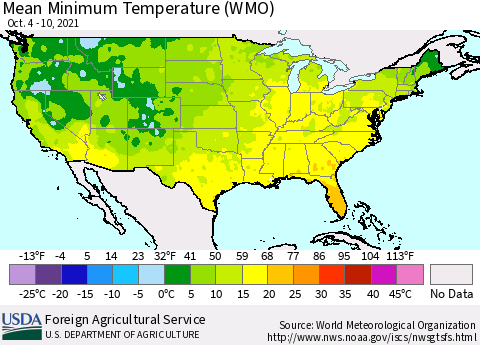 United States Minimum Temperature (WMO) Thematic Map For 10/4/2021 - 10/10/2021