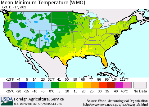 United States Minimum Temperature (WMO) Thematic Map For 10/11/2021 - 10/17/2021