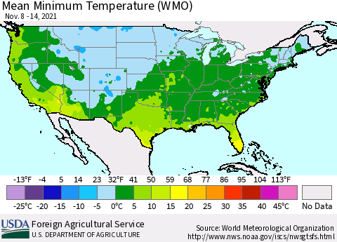 United States Minimum Temperature (WMO) Thematic Map For 11/8/2021 - 11/14/2021