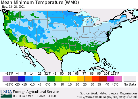 United States Minimum Temperature (WMO) Thematic Map For 11/22/2021 - 11/28/2021
