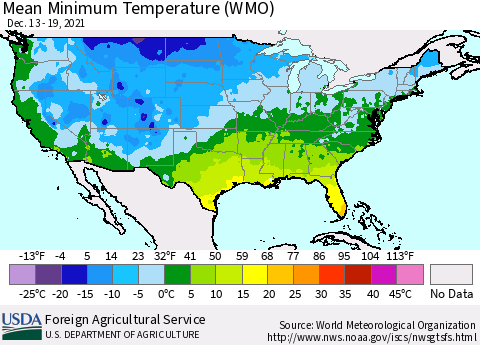 United States Minimum Temperature (WMO) Thematic Map For 12/13/2021 - 12/19/2021