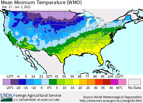 United States Minimum Temperature (WMO) Thematic Map For 12/27/2021 - 1/2/2022
