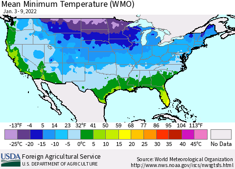 United States Minimum Temperature (WMO) Thematic Map For 1/3/2022 - 1/9/2022