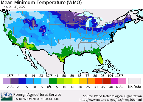 United States Minimum Temperature (WMO) Thematic Map For 1/24/2022 - 1/30/2022