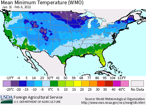 United States Minimum Temperature (WMO) Thematic Map For 1/31/2022 - 2/6/2022