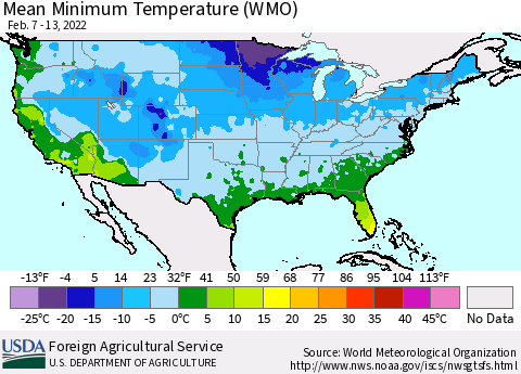 United States Minimum Temperature (WMO) Thematic Map For 2/7/2022 - 2/13/2022