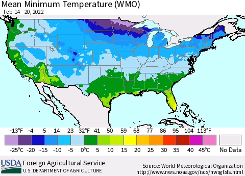 United States Minimum Temperature (WMO) Thematic Map For 2/14/2022 - 2/20/2022