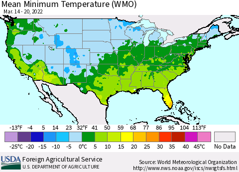 United States Minimum Temperature (WMO) Thematic Map For 3/14/2022 - 3/20/2022