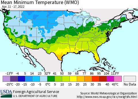 United States Minimum Temperature (WMO) Thematic Map For 4/11/2022 - 4/17/2022