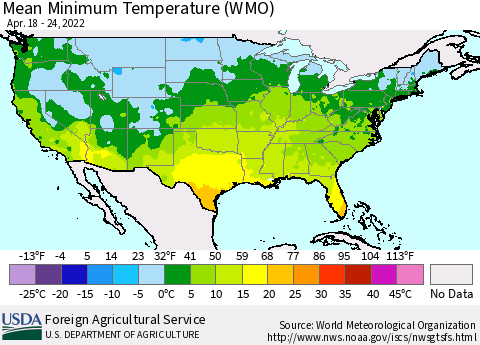 United States Minimum Temperature (WMO) Thematic Map For 4/18/2022 - 4/24/2022