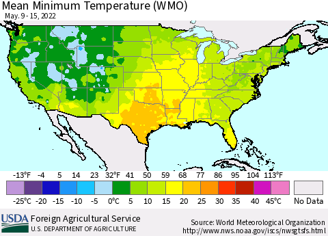 United States Minimum Temperature (WMO) Thematic Map For 5/9/2022 - 5/15/2022