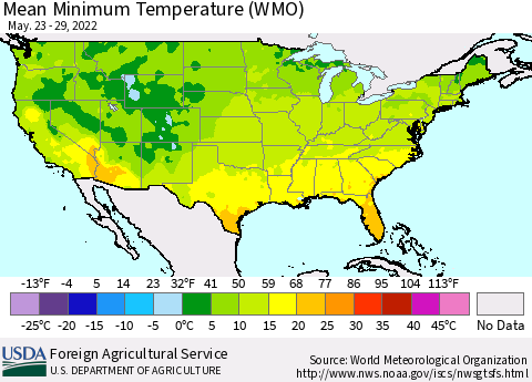 United States Minimum Temperature (WMO) Thematic Map For 5/23/2022 - 5/29/2022