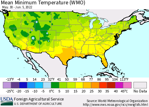 United States Minimum Temperature (WMO) Thematic Map For 5/30/2022 - 6/5/2022