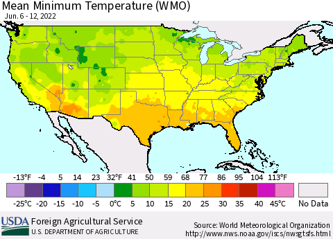 United States Minimum Temperature (WMO) Thematic Map For 6/6/2022 - 6/12/2022