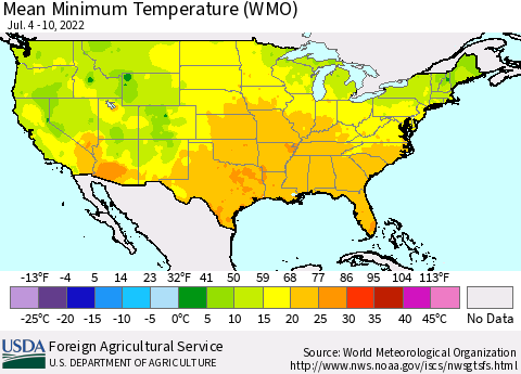 United States Minimum Temperature (WMO) Thematic Map For 7/4/2022 - 7/10/2022