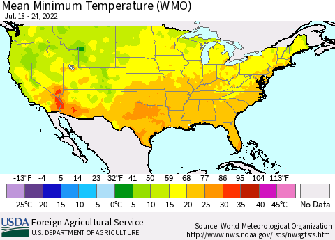 United States Minimum Temperature (WMO) Thematic Map For 7/18/2022 - 7/24/2022