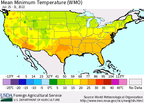 United States Minimum Temperature (WMO) Thematic Map For 7/25/2022 - 7/31/2022