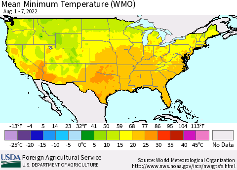United States Minimum Temperature (WMO) Thematic Map For 8/1/2022 - 8/7/2022