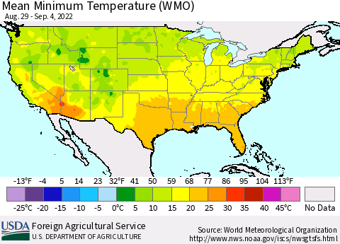 United States Minimum Temperature (WMO) Thematic Map For 8/29/2022 - 9/4/2022