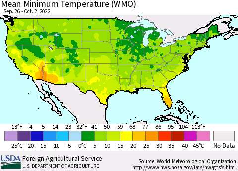 United States Minimum Temperature (WMO) Thematic Map For 9/26/2022 - 10/2/2022