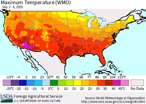 United States Maximum Temperature (WMO) Thematic Map For 9/2/2019 - 9/8/2019