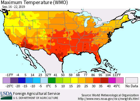United States Maximum Temperature (WMO) Thematic Map For 9/16/2019 - 9/22/2019
