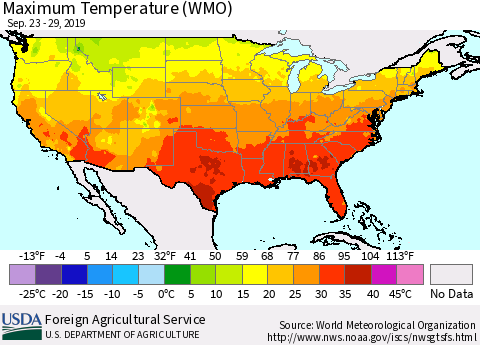 United States Maximum Temperature (WMO) Thematic Map For 9/23/2019 - 9/29/2019