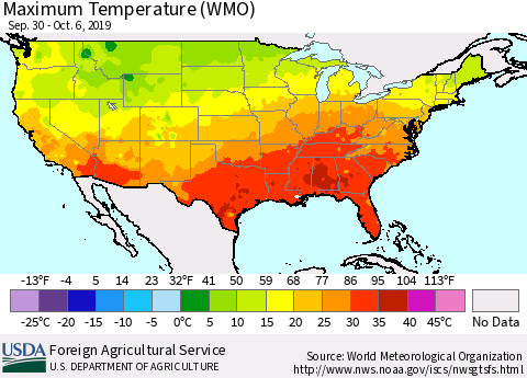 United States Maximum Temperature (WMO) Thematic Map For 9/30/2019 - 10/6/2019