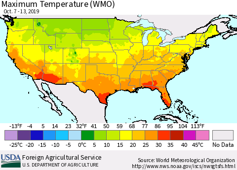 United States Maximum Temperature (WMO) Thematic Map For 10/7/2019 - 10/13/2019