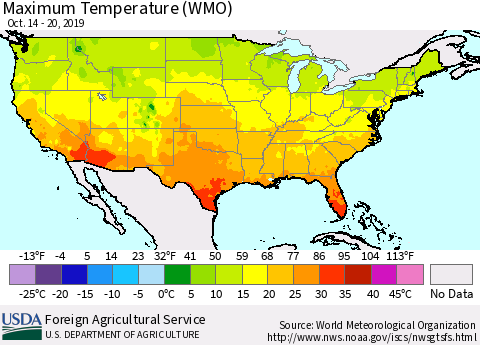 United States Maximum Temperature (WMO) Thematic Map For 10/14/2019 - 10/20/2019