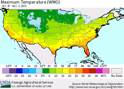 United States Maximum Temperature (WMO) Thematic Map For 10/28/2019 - 11/3/2019