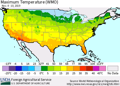 United States Maximum Temperature (WMO) Thematic Map For 11/4/2019 - 11/10/2019