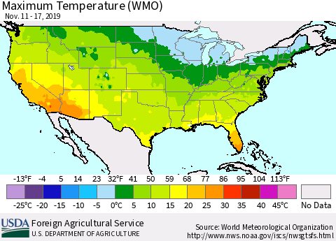 United States Maximum Temperature (WMO) Thematic Map For 11/11/2019 - 11/17/2019