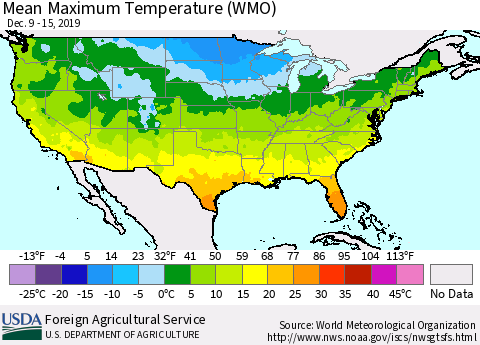 United States Maximum Temperature (WMO) Thematic Map For 12/9/2019 - 12/15/2019