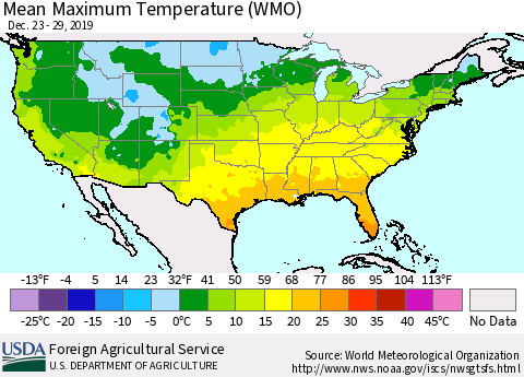United States Maximum Temperature (WMO) Thematic Map For 12/23/2019 - 12/29/2019