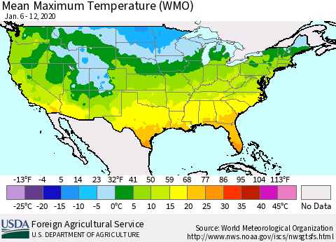 United States Maximum Temperature (WMO) Thematic Map For 1/6/2020 - 1/12/2020