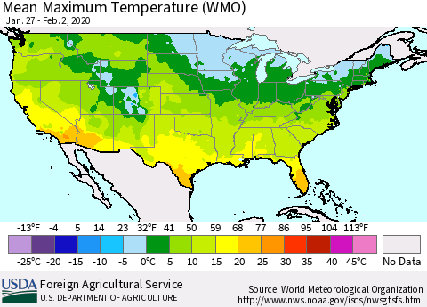 United States Maximum Temperature (WMO) Thematic Map For 1/27/2020 - 2/2/2020