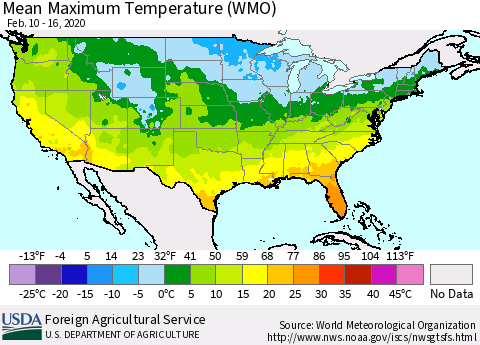 United States Maximum Temperature (WMO) Thematic Map For 2/10/2020 - 2/16/2020