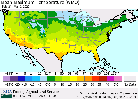United States Maximum Temperature (WMO) Thematic Map For 2/24/2020 - 3/1/2020