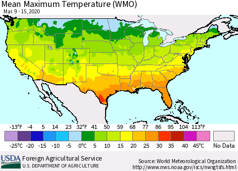 United States Maximum Temperature (WMO) Thematic Map For 3/9/2020 - 3/15/2020