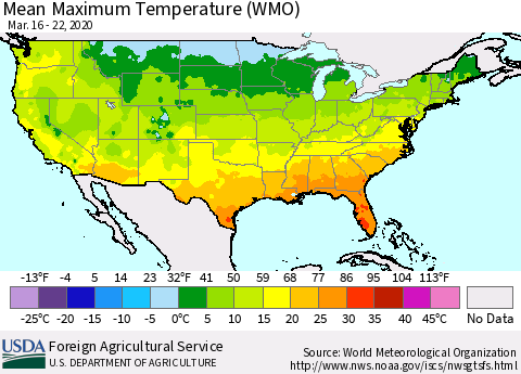 United States Maximum Temperature (WMO) Thematic Map For 3/16/2020 - 3/22/2020