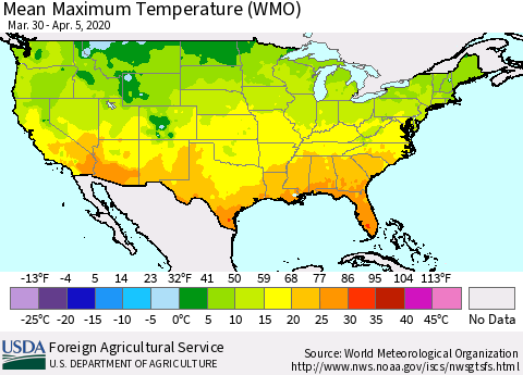 United States Maximum Temperature (WMO) Thematic Map For 3/30/2020 - 4/5/2020