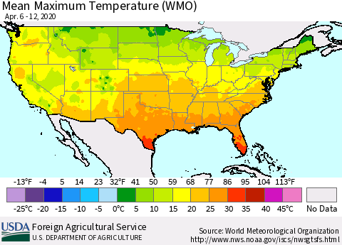 United States Maximum Temperature (WMO) Thematic Map For 4/6/2020 - 4/12/2020