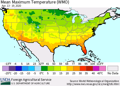 United States Maximum Temperature (WMO) Thematic Map For 4/13/2020 - 4/19/2020
