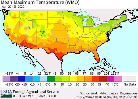 United States Maximum Temperature (WMO) Thematic Map For 4/20/2020 - 4/26/2020
