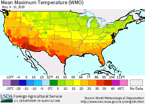 United States Maximum Temperature (WMO) Thematic Map For 5/4/2020 - 5/10/2020