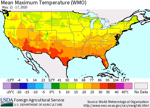 United States Maximum Temperature (WMO) Thematic Map For 5/11/2020 - 5/17/2020