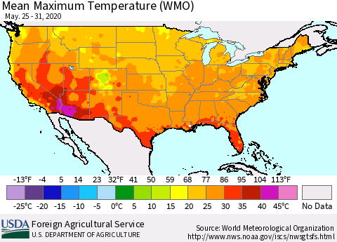 United States Maximum Temperature (WMO) Thematic Map For 5/25/2020 - 5/31/2020